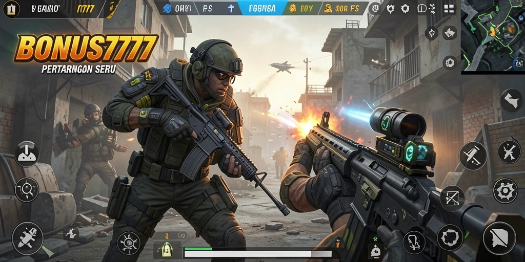 Tangkapan layar gameplay BONUS777 menunjukkan aksi tembak-menembak yang intens.