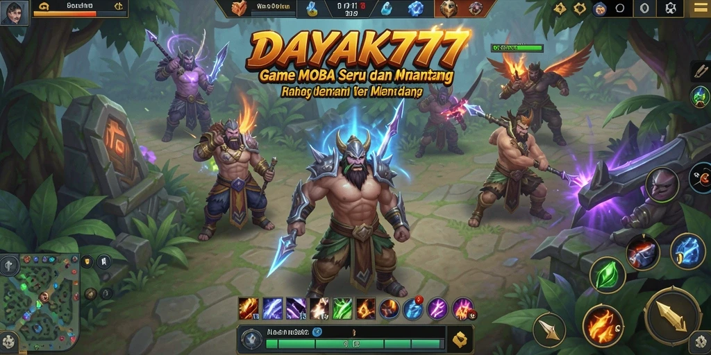 Tangkapan layar utama DAYAK777 menampilkan aksi seru pertempuran MOBA.