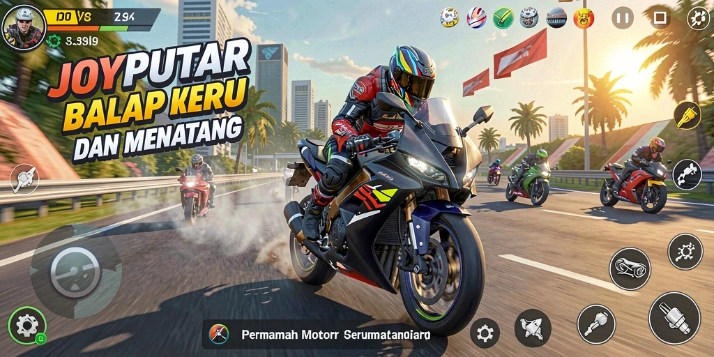 Tangkapan layar gameplay JOYPUTAR menunjukkan adrenalin balapan motor yang intens.