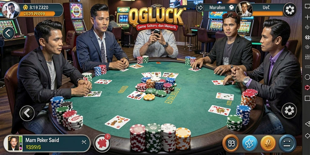 Screenshot QGLUCK menampilkan gameplay Poker yang menegangkan dan menarik.