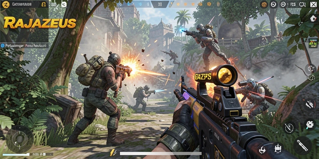 Gameplay mendebarkan di RAJAZEUS dengan aksi FPS yang intens.