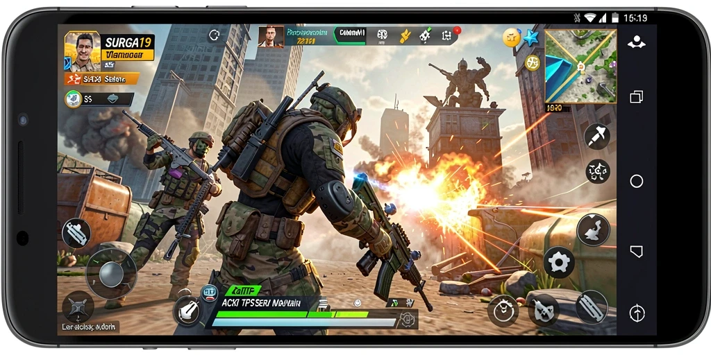 Tampilan gameplay SURGA19 yang menyoroti aksi pertempuran TPS.